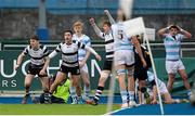 11 February 2015; Cistercian College Roscrea players, from left, Alan Tynan, Daniel Keane and Matty Keane celebrate after their team's first try. Bank of Ireland Leinster Schools Senior Cup, 2nd Round, Blackrock College v Cistercian College Roscrea, Donnybrook Stadium, Donnybrook, Dublin. Picture credit: Cody Glenn / SPORTSFILE