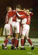24 March 2000; Eddie Gormley of St Patrick's Athletic, right, celebrates after scoring his side's first goal with team-mates during the Eircom League Premier Division match between Bohemians and St Patrick's Athletic at Dalymount Park in Dublin. Photo by David Maher/Sportsfile