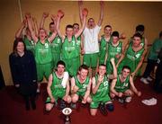 9 February 2000; The Colaiste Mhuire Crosshaven team celebrate with the trophy following the Bank of Ireland Schools Cup Boys' C Final match between Colaiste Mhuire Crosshaven and Carrick-On-Shannon CS at National Basketball Arena in Tallaght, Dublin. Photo by Brendan Moran/Sportsfile