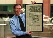 26 April 2000; FAI Cup medal winner Dave Tilson pictured with the newspaper clipping's from the 1992 FAI Cup Final at NCB Stockbrokers, North Dock in Dublin. Photo by Matt Browne/Sportsfile