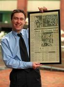26 April 2000; FAI Cup medal winner Dave Tilson pictured with the newspaper clipping's from the 1992 FAI Cup Final at NCB Stockbrokers, North Dock in Dublin. Photo by Matt Browne/Sportsfile