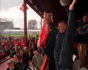 16 April 2000; Shelbourne manager Dermot Keely celebrates with the trophy following the Eircom League Premier Division match between Shelbourne and Derry City at Tolka Park in Dublin Photo by David Maher/Sportsfile