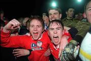 7 April 2000; Dessie Baker, left, Richie Baker, right, and Steve Williams of Shelbourne celebrate following the Eircom League Premier Division match between Waterford United and Shelbourne at Regional Sports Centre in Waterford. Photo by Matt Browne/Sportsfile