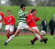23 April 2000; Dessie Baker of Shelbourne in action against Terry Palmer of Shamrock Rovers during the Eircom League Premier Division match between Shamrock Rovers and Shelbourne at Morton Stadium in Dublin. Photo by David Maher/Sportsfile