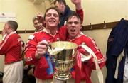 7 April 2000; Dessie Baker and Richie Baker of Shelbourne celebrate with the trophy following the Eircom League Premier Division match between Waterford United and Shelbourne at Regional Sports Centre in Waterford. Photo by David Maher/Sportsfile