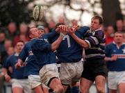 15 April 2000; Eric Miller of Terenure is tackled by Trevor Brennan of St Mary's College during the AIB All-Ireland League Division 1 match between Terenure and St Mary's College at Lakelands Park in Terenure, Dublin. Photo by Damien Eagers/Sportsfile