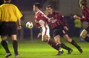 24 March 2000; Ger McCarthy of St Patrick's, Athletic in action against Maurice O'Driscoll of Bohemians during the Eircom League Premier Division match between Bohemians and St Patrick's Athletic at Dalymount Park in Dublin. Photo by David Maher/Sportsfile