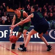 9 February 2000; Graham Foley of Colaiste Muire Crosshaven in action against Aidan O'Donnell of Carrick-on-Shannon CS during the Bank of Ireland Schools Cup Boys' C Final match between Colaiste Mhuire Crosshaven and Carrick-On-Shannon CS at National Basketball Arena in Tallaght, Dublin. Photo by Brendan Moran/Sportsfile