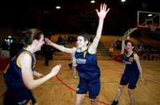 8 February 2000; Scoil Ruain Killenaule players, from left, Teresa Cleary, Irene Codd and Aoife O'Dwyer celebrate following the Bank of Ireland Schools Cup Girls' B Final match between Scoil Ruain Killenaule and Loreto Foxrock at National Basketball Arena in Tallaght, Dublin. Photo by Brendan Moran/Sportsfile