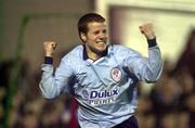 31 March 2000; James Keddy of Shelbourne celebrates after scoring his side's first goal during the FAI Cup Semi-Final match between Galway United and Shelbourne at Terryland Park in Galway. Photo by Damien Eagers/Sportsfile