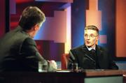 31 March 2000; Clare hurler Jamesie O'Connor speaks to Pat Kenny on The Late Late Show at the RTE Studios in Dublin. Photo by Brendan Moran/Sportsfile