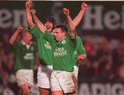 31 March 2000; Ireland players John Kelly, right, and Tony McWhirter celebrate following the Six Nations A Rugby Championship match between Ireland and Wales at Donnybrook Stadium in Dublin. Photo by Aoife Rice/Sportsfile