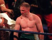 15 April 2000; Michael Carruth looks dejected following his defeat to Adrian Stone in the 5th round of their IBO Middleweight Championship title fight at York Hall in Bethnal Green, England. Photo by David Maher/Sportsfile