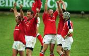 15 April 2000;  Munster players, from left, Peter Clohessy, Mick Galwey, Marcus Horan, Anthony Foley and Alan Quinlan celebrate at the final whistle following the Heineken Cup Quarter-Final match between Munster and Stade Francais at Thomond Park in Limerick. Photo by Ray Lohan/Sportsfile