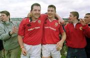 15 April 2000; Anthony Foley, left, and David Wallace of Munster celebrate following the Heineken Cup Quarter-Final match between Munster and Stade Francais at Thomond Park in Limerick. Photo by Brendan Moran/Sportsfile