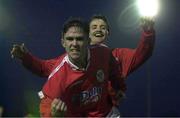 7 April 2000; Richie Baker of Shelbourne celebrates after scoring his side's second goal with team-mate during the Eircom League Premier Division match between Waterford United and Shelbourne at Regional Sports Centre in Waterford. Photo by David Maher/Sportsfile