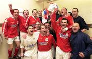 7 April 2000;  Shelbourne players and officials celebrate after winning with the trophy following the Eircom League Premier Division match between Waterford United and Shelbourne at Regional Sports Centre in Waterford. Photo by Matt Browne/Sportsfile