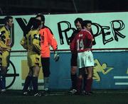 4 April 2000; Referee John McDermott sends off Pat Fenlon of Shelbourne and Gareth Byrne of Drogheda United during the Eircom League Premier Division match between Shelbourne and Drogheda United at Tolka Park in Dublin. Photo by Brendan Moran/Sportsfile