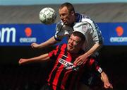30 April 2000; Stephen Caffrey of Bohemians in action against  Tony McCarthy of Shelbourne during the FAI Cup Final match between Shelbourne and Bohemians at Tolka Park in Dublin. Photo by Brendan Moran/Sportsfile