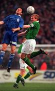 26 April 2000; Steve Staunton of Republic of Ireland in action against Vassilios Lakis of Greece during the International Friendly match between Republic of Ireland and Greece at Lansdowne Road in Dublin. Photo by David Maher/Sportsfile