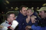 7 April 2000;  Shelbourne manager, Dermot Keely, second from right, and assistant manager Alan Mathews celebrate following the Eircom League Premier Division match between Waterford United and Shelbourne at Regional Sports Centre in Waterford. Photo by David Maher/Sportsfile