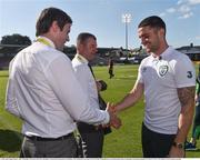 31 May 2016; Robbie Brady, right, of Republic of Ireland with former Republic of Ireland Internationals Kevin Kilbane, left, and Denis Irwin before the start of the EURO2016 Warm-up International between Republic of Ireland and Belarus in Turners Cross, Cork. Photo by David Maher/Sportsfile