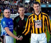 18 November 2007; Finbarr O'Neill, Dromore, Tyrone, and  John McEntee, Crossmaglen Rangers, Armagh, shake hands in front of referee Joe McQuillan. AIB Ulster Senior Football Championship Semi-Final, Dromore, Tyrone v Crossmaglen Rangers, Armagh, St Tiearnach's Park, Clones, Co. Monaghan. Picture credit; Michael Cullen / SPORTSFILE