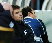 18 November 2007; Gordon D'Arcy, Leinster, with team-mates Bernard Jackman, left, and Girvan Dempsey in the dugout. Heineken Cup, Pool 6, Round 2, Toulouse v Leinster, Toulouse, France. Picture credit; Matt Browne / SPORTSFILE