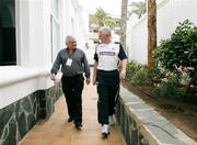 20 November 2007; Northern Ireland manager Nigel Worthington, right, chats to BBC commentator Jackie Fullerton on the road into a press conference ahead of their 2008 European Championship Qualifier with Spain. Northern Ireland Press Conference, Riu Palace Hotel, Gran Canaria, Spain. Picture credit: Oliver McVeigh / SPORTSFILE