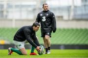 13 February 2015; Ireland's Jonathan Sexton lines up a kick during kicking practice following the captain's run, watched by kicking coach Richie Murphy. Aviva Stadium, Lansdowne Road, Dublin. Picture credit: Matt Browne / SPORTSFILE