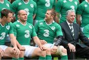 13 February 2015; Ireland players, from left, Tommy Bowe, Rory Best, Jamie Heaslip and IRFU President Loius Magee during a squad photograph ahead of the captain's run. Aviva Stadium, Lansdowne Road, Dublin. Picture credit: Ramsey Cardy / SPORTSFILE