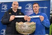 13 February 2015; Leinster's Colm O'Shea, right, draws out the name of Belvadere College and Hugh Hogan, Leinster Rugby, draws out the name of Clongowes Wood College during the Bank of Ireland Leinster Schools Senior Cup Semi-Final Draw, Old Wesley, Donnybrook, Dublin. Picture credit: Barry Cregg / SPORTSFILE