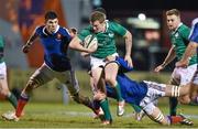 13 February 2015; Steven Fitzgerald, Ireland, is tackled by Tristan Labouteley, France. U20's Six Nations Rugby Championship, Ireland v France, Dubarry Park, Athlone, Co. Westmeath. Picture credit: Ramsey Cardy / SPORTSFILE