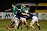 13 February 2015; Zack McCall, Ireland, is tackled by Lucas Bachelier, left, and Tristan Labouteley, France. U20's Six Nations Rugby Championship, Ireland v France, Dubarry Park, Athlone, Co. Westmeath. Picture credit: Ramsey Cardy / SPORTSFILE