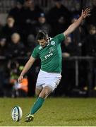 13 February 2015; Ireland's Ross Byrne kicks a conversion. U20's Six Nations Rugby Championship, Ireland v France, Dubarry Park, Athlone, Co. Westmeath. Picture credit: Ramsey Cardy / SPORTSFILE