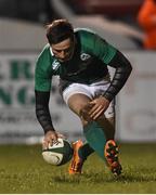 13 February 2015; Ireland's Billy Dardis scores his side's third try of the game. U20's Six Nations Rugby Championship, Ireland v France, Dubarry Park, Athlone, Co. Westmeath. Picture credit: Ramsey Cardy / SPORTSFILE