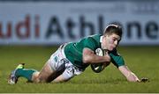 13 February 2015; Ireland's Garry Ringrose dives over to score his side's fourth try of the game. U20's Six Nations Rugby Championship, Ireland v France, Dubarry Park, Athlone, Co. Westmeath. Picture credit: Ramsey Cardy / SPORTSFILE