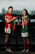 19 November 2007; Inch Rovers captain Annie Walsh, left, with Carnacon captain Caroline McGing at a photocall ahead of the VHI Healthcare All-Ireland Ladies Football Club Championship Finals. The Senior Final between Carnacon of Mayo and Inch Rovers, from Cork, and the Intermediate Final between Mourneabbey, from Cork, and Glen, from Derry, take place this weekend, 25th November, as a double header in St Rynagh's GAA Club, Banagher, Co. Offaly with the Junior Final between West Clare Gaels and Foxrock Cabinteely taking place on Sunday 2nd December. Croke Park, Dublin. Picture credit: Brendan Moran / SPORTSFILE  *** Local Caption ***