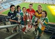 19 November 2007; Team captains, from left, Sinead Goldrick, Foxrock Cabinteely, Maria Kelly, West Clare Gaels, Caroline McGing, Carnacon, Annie Walsh, Inch Rovers, Sile O'Callaghan, Mourneabbey and Kathy Conway, Glen, at a photocall ahead of the VHI Healthcare All-Ireland Ladies Football Club Championship Finals. The Senior Final between Carnacon of Mayo and Inch Rovers, from Cork, and the Intermediate Final between Mourneabbey, from Cork, and Glen, from Derry, take place this weekend, 25th November, as a double header in St Rynagh's GAA Club, Banagher, Co. Offaly with the Junior Final between West Clare Gaels and Foxrock Cabinteely taking place on Sunday 2nd December. Croke Park, Dublin. Picture credit: Brendan Moran / SPORTSFILE  *** Local Caption ***