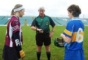 18 November 2007; Referee Frank McDonald, Armagh, with Therese Maher, Athenry, Galway, captain, and Sinead Millea, Cashel, Tipperary, captain. All-Ireland Senior Camogie Club Championship Final, Athenry, Galway v Cashel, Tipperary, Gaelic Grounds, Co. Limerick. Picture credit: Stephen McCarthy / SPORTSFILE