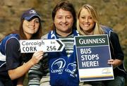 20 November 2007; Former Leinster and Ireland hooker, Shane Byrne, has teamed up with Guinness to encourage Leinster fans to travel to Cork for the match against Munster on Friday 30th November. Guinness are arranging buses to bring Leinster fans to Cork for the game, free of charge. Pictured with  the Leinster legend Shane Byrne are Leinster supporters Jenny Gleeson, left, and Suzanne Cairns. Ely Place, Dublin. Picture credit: Brendan Moran / SPORTSFILE