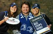 20 November 2007; Former Leinster and Ireland hooker, Shane Byrne, has teamed up with Guinness to encourage Leinster fans to travel to Cork for the match against Munster on Friday 30th November. Guinness are arranging buses to bring Leinster fans to Cork for the game, free of charge. Pictured with  the Leinster legend Shane Byrne are Leinster supporters Jenny Gleeson, left, and Suzanne Cairns. Ely Place, Dublin. Picture credit: Brendan Moran / SPORTSFILE