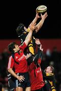 24 November 2007; Andrew Hall, Newport Gwent Dragons, wins a restart from Donncha O'Callaghan, left, and Donnacha Ryan, Munster. Magners League, Munster v Newport Gwent Dragons, Musgrave Park, Cork. Picture credit; Brendan Moran / SPORTSFILE