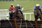 29 November 2007; Earth Magic, centre, with Tom Doyle up, and Uncle Junior, right, with David Casey up, jump the last on their way to finishing the race in a dead heat from 3rd place Leading Run, with Paul Carberry up, during the Rock of Cashel Hurdle. Thurles Racecourse, Thurles, Co. Tipperary. Picture credit: Matt Browne / SPORTSFILE *** Local Caption ***