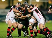 30 November 2007; Allan Jacobsen, Edinburgh, is tackled by Bryan Young and Matt McCullough, Ulster Rugby. Magners League, Ulster v Edinburgh Rugby, Ravenhill, Belfast, Co. Antrim. Picture credit: Oliver McVeigh / SPORTSFILE