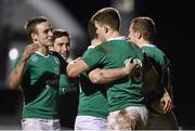 13 February 2015; Ireland's Garry Ringrose, 13, is congratulated by team-mates after scoring his side's fourth try of the game. U20's Six Nations Rugby Championship, Ireland v France, Dubarry Park, Athlone, Co. Westmeath. Picture credit: Ramsey Cardy / SPORTSFILE