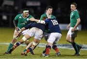 13 February 2015; Nick Timoney, Ireland, is tackled by Lucas Bachelier, left, and Quentin Bethune, France. U20's Six Nations Rugby Championship, Ireland v France, Dubarry Park, Athlone, Co. Westmeath. Picture credit: Ramsey Cardy / SPORTSFILE