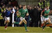 13 February 2015; Ireland's Garry Ringrose runs in to score his side's fourth try of the game. U20's Six Nations Rugby Championship, Ireland v France, Dubarry Park, Athlone, Co. Westmeath. Picture credit: Ramsey Cardy / SPORTSFILE