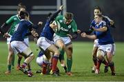 13 February 2015; Jenny Murphy, Ireland, is tackled by Elodie Poublan and Gaelle Mignot, France. Women's Six Nations Rugby Championship, Ireland v France, Ashbourne RFC, Ashbourne, Co. Meath. Picture credit: David Maher / SPORTSFILE