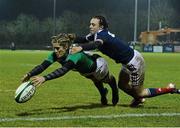 13 February 2015; Alison Miller, Ireland, knocks the the ball forward near the try line as she is tackled by Yanna Rivoalen, France, during the closing moments of the game. Women's Six Nations Rugby Championship, Ireland v France, Ashbourne RFC, Ashbourne, Co. Meath. Picture credit: David Maher / SPORTSFILE